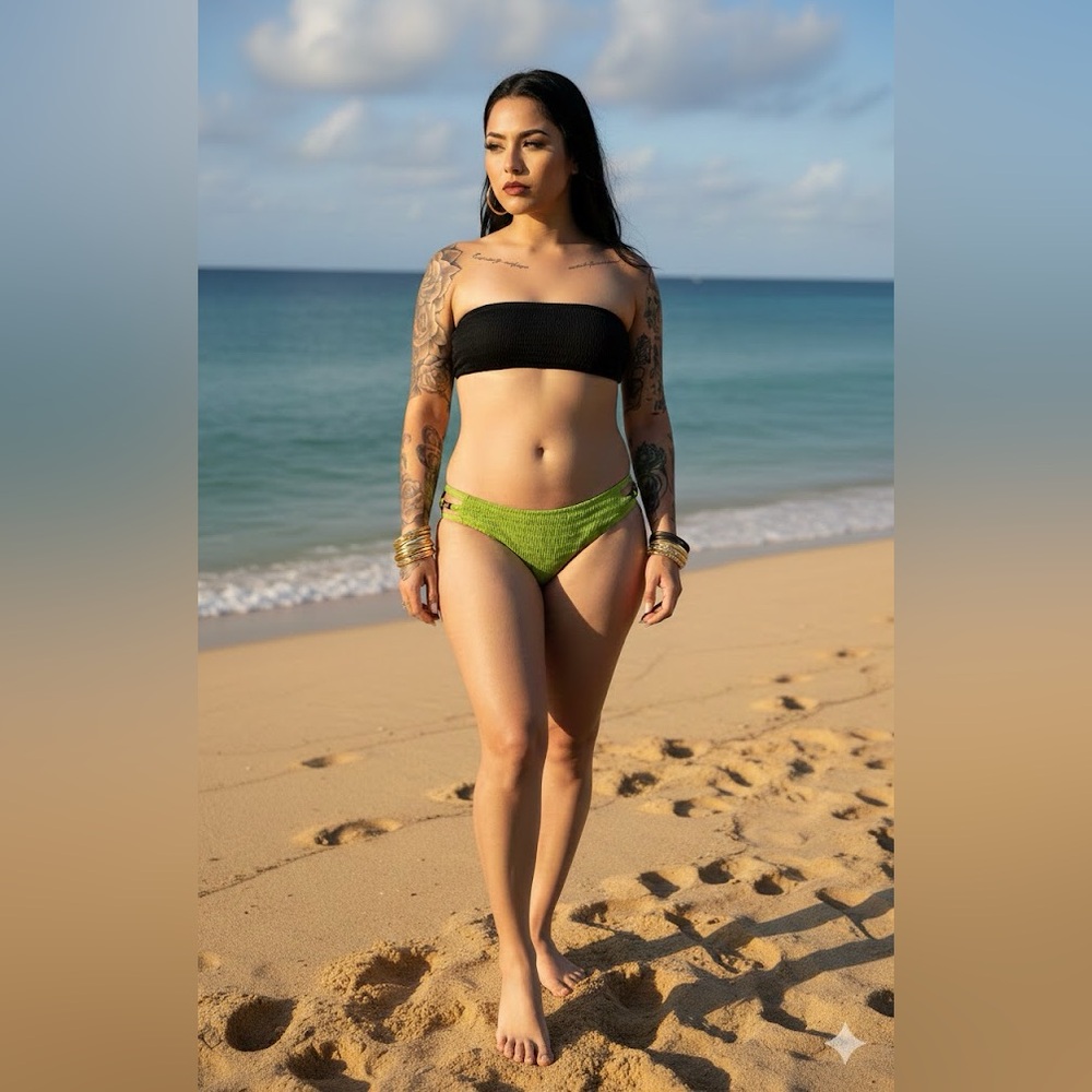 NWT swimsuit Crinkle Bikini Bottoms ONLY Bead Accents Green X-Large Time and Tru